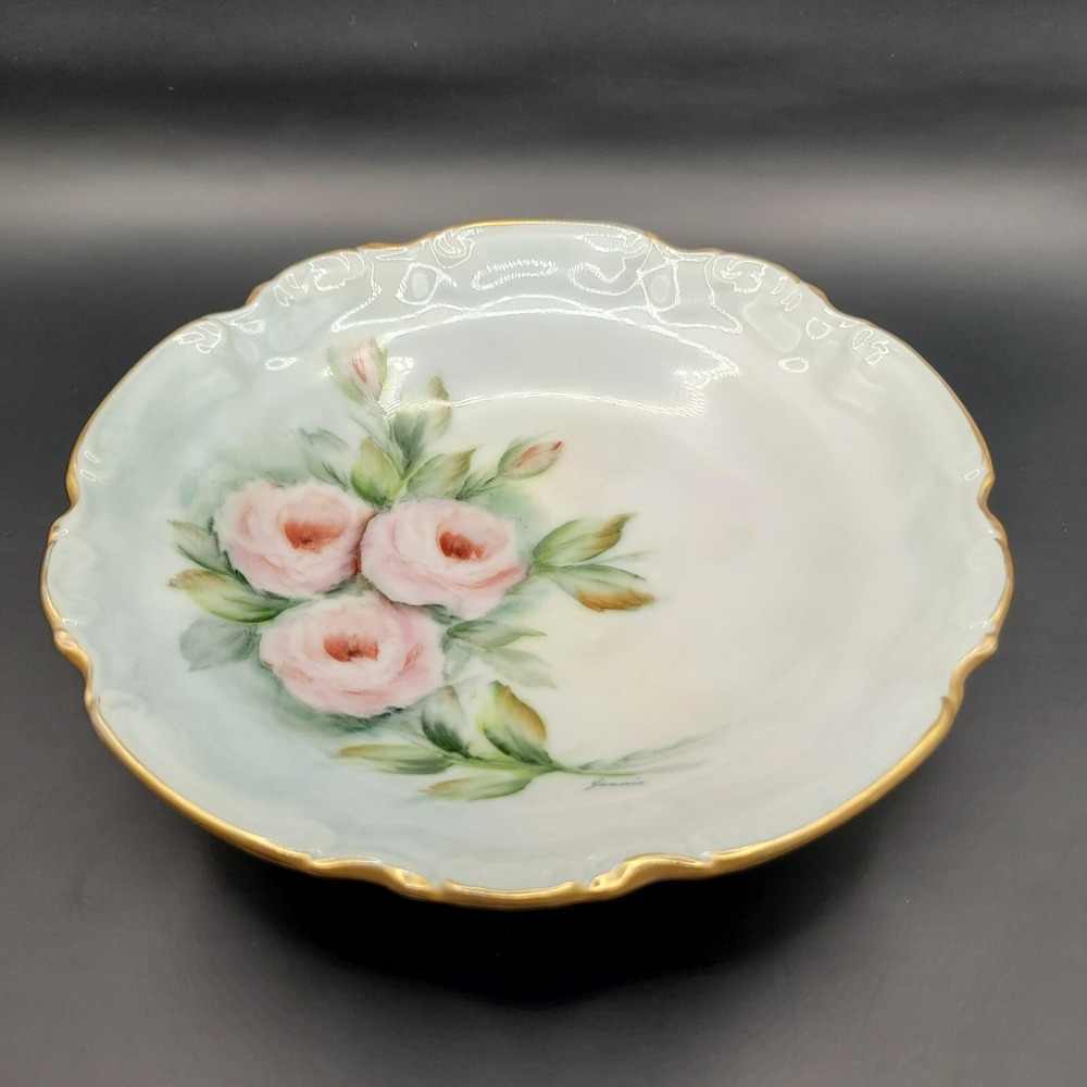 Porcelain Hand Painted Floral Trinket Dish Bowl Gold Rim Footed Vintage Signed